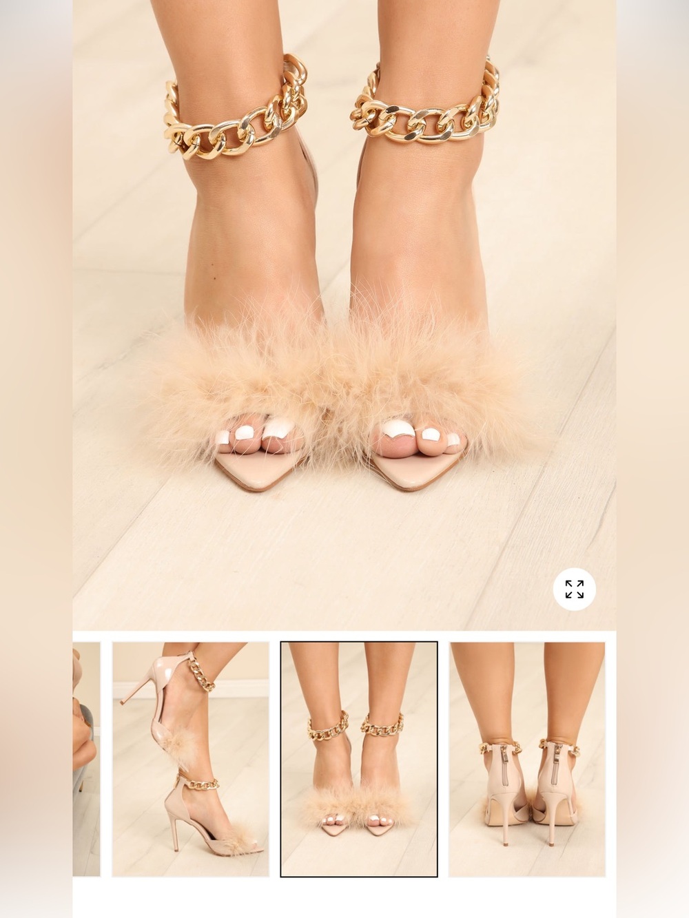 Fashion Nova Feather Chain Ankle Strap Heels in “BLACK”